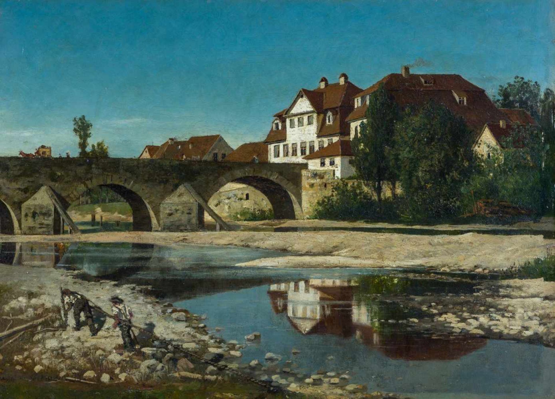 Französischer Maler (um 1913)Südfranzösische Stadtam Fluss mit großer steinerner Bogenbrücke. Am