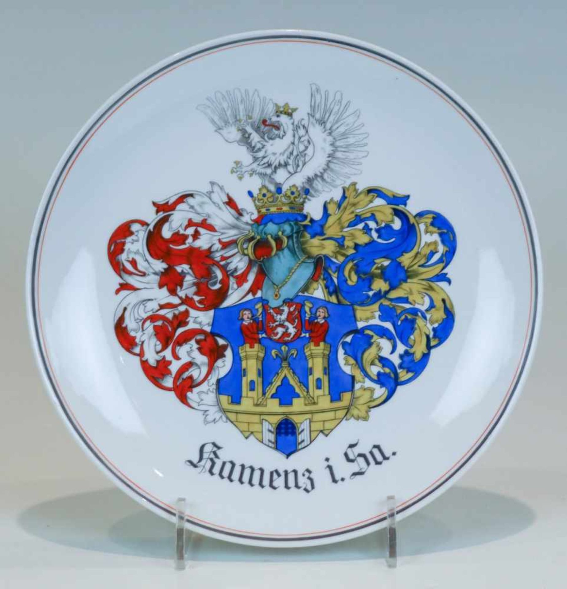 Wappenteller von Kamenz in SachsenMeissenGlatt. Bunt gedrucktes Wappen, bez. "Kamenz i. Sa.".