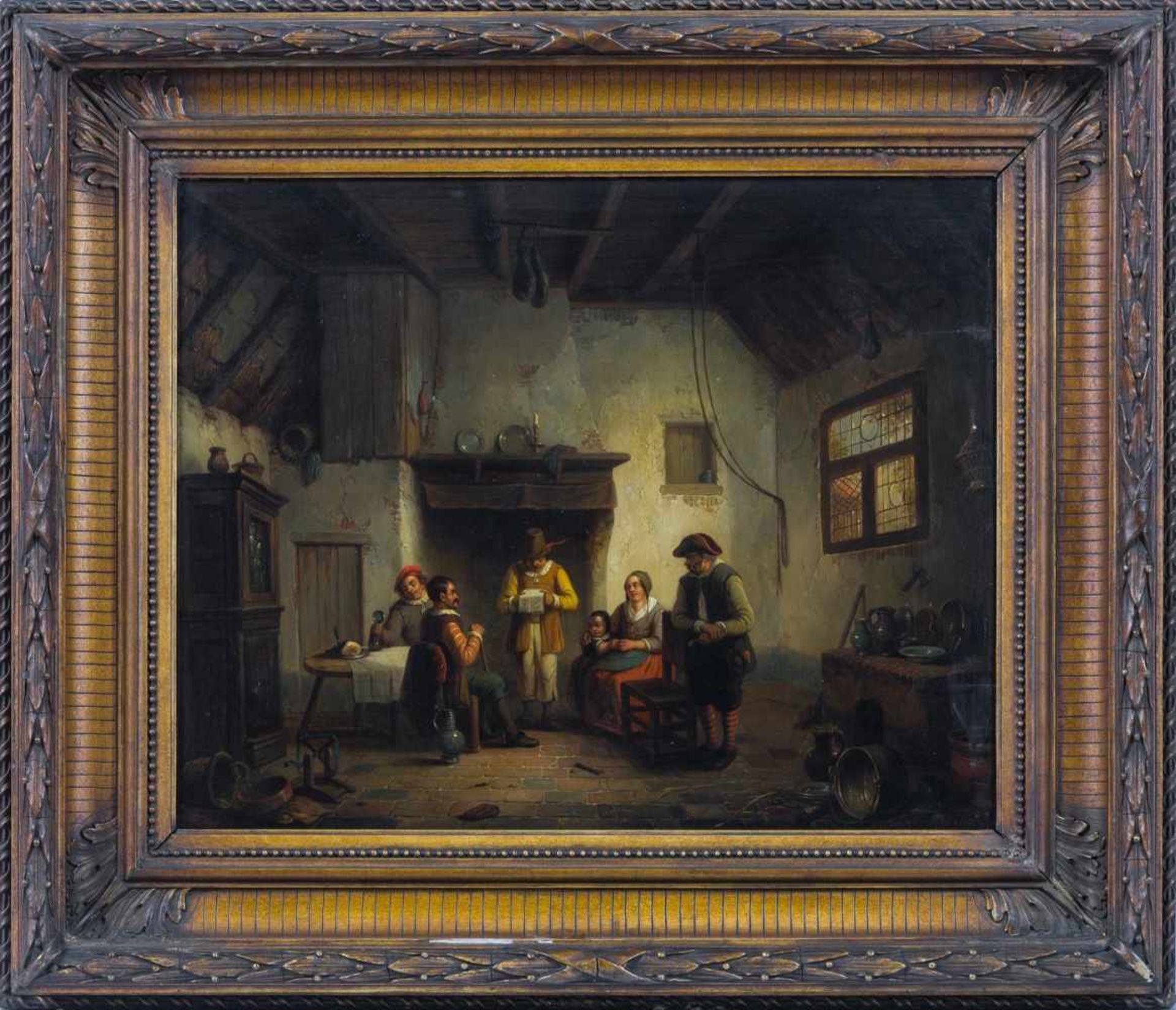 Carpentero, Henri (Antwerpen, Schaarbeek 1820-1874)Familienidylleam Kamin in Kücheninterieur.