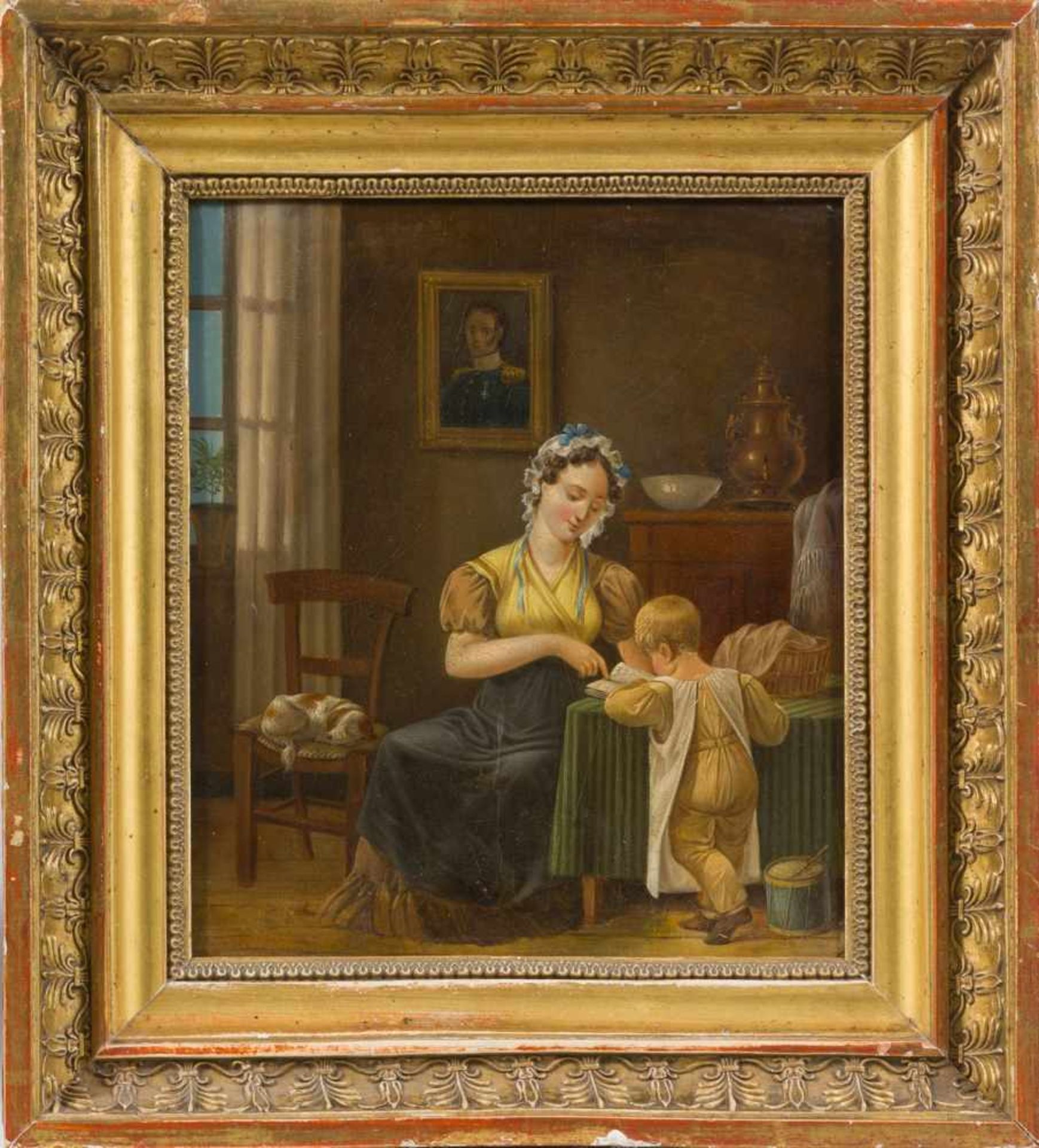 Biedermeiermaler (Norddeutsch um 1820)Mutter mit Sohn in der Wohnstube beim VorlesenÖl auf Papier,
