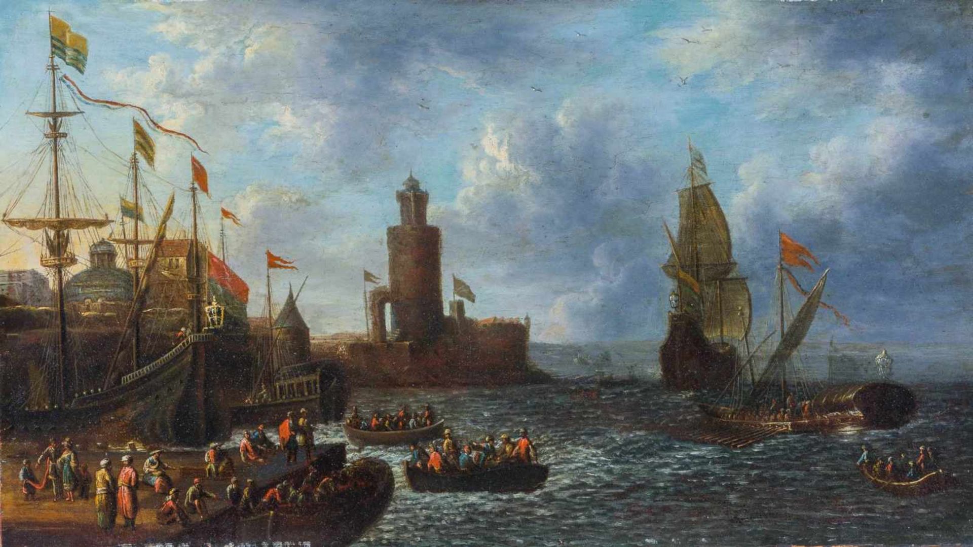 Bout, Pieter (Brüssel 1658-1719) , zugeschriebenSüdlicher Seehafen mit reicher FigurenstaffageIm und