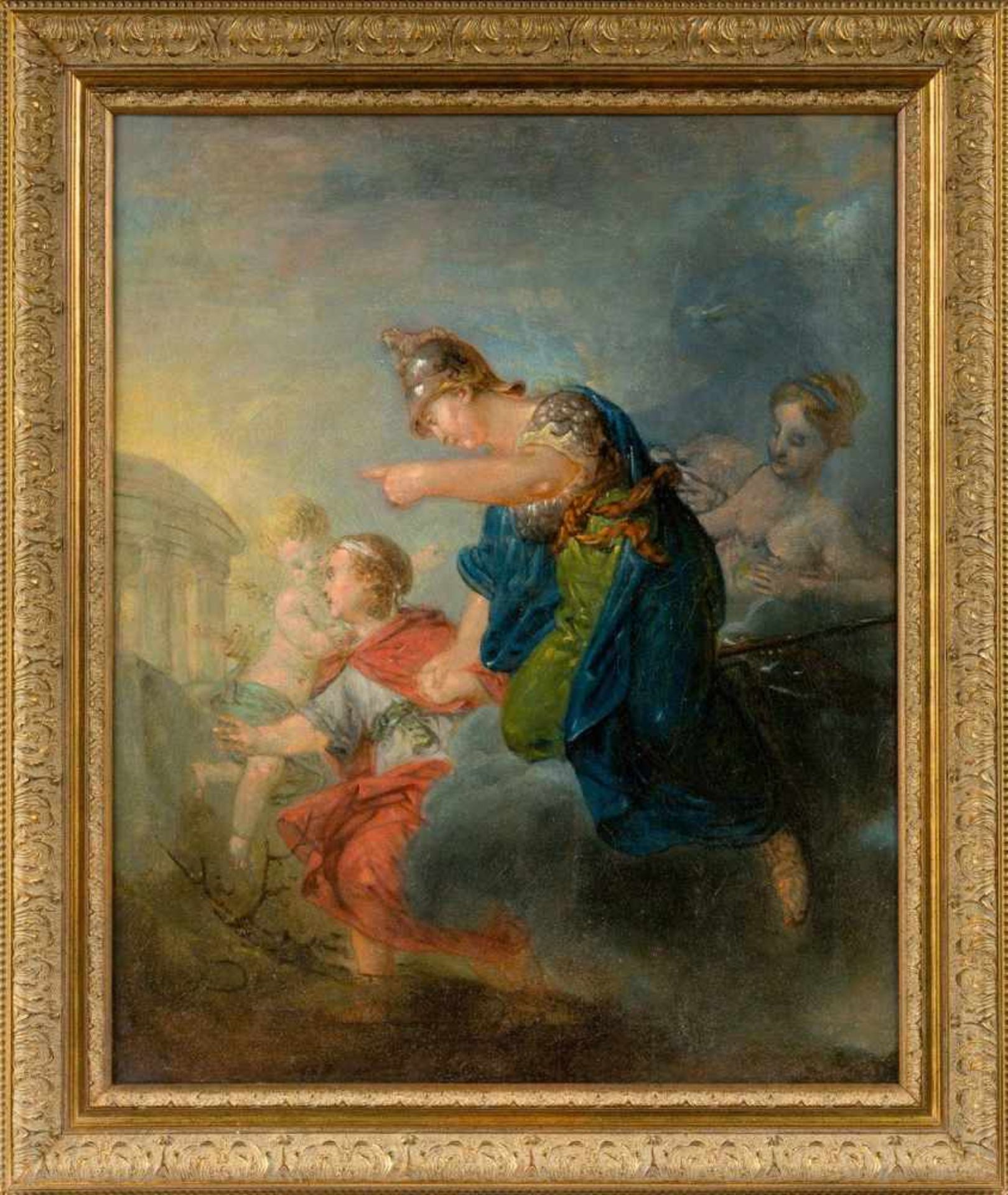 Deutscher Maler (18. Jh.)Diana und Jüngling beim TempelPutto und Göttin im Hintergrund. Lwd. (drei