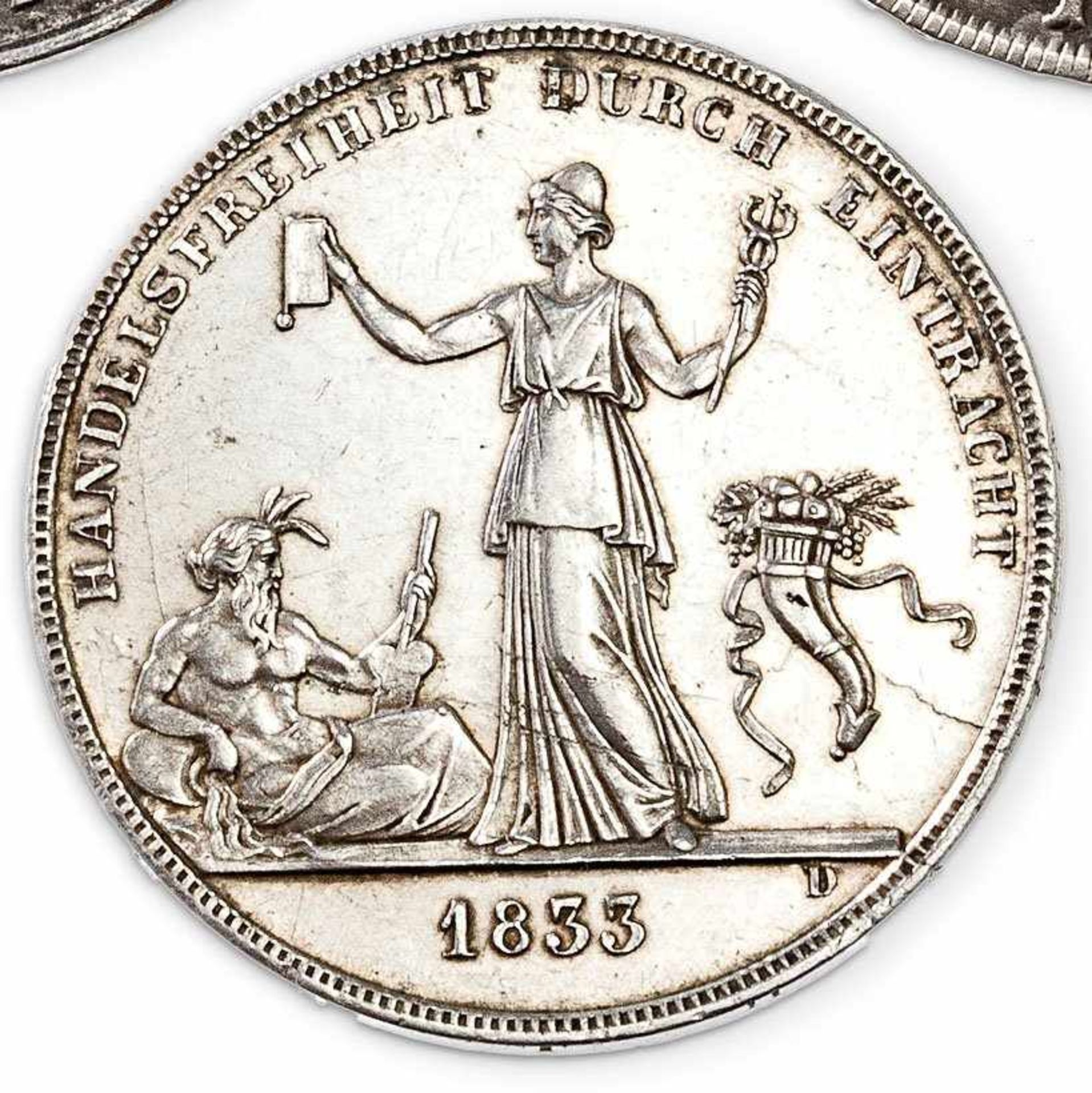 Silberner Kronenthaler 1833Handelsfreiheit durch Eintracht. Revers: König Wilhelm von Württemberg (
