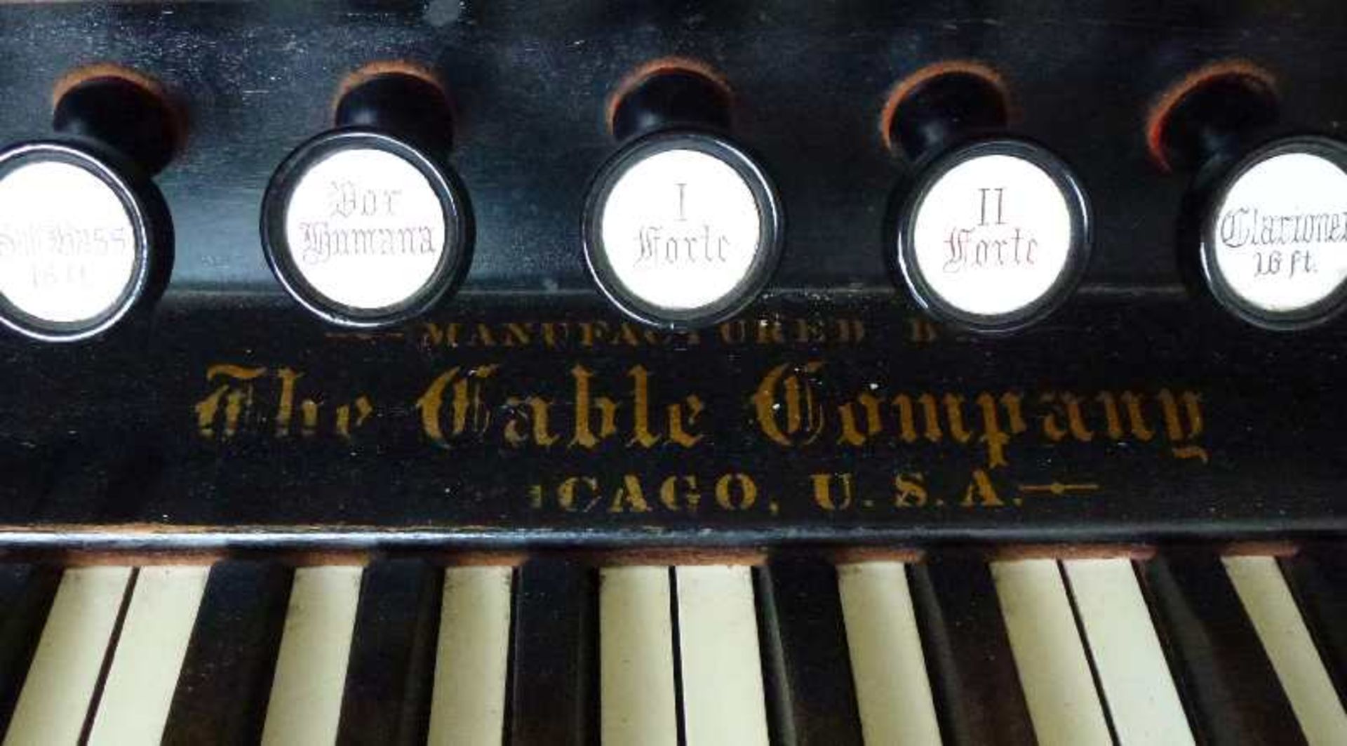 Harmonium, Chicago Cottage, um 1900 Eiche, im Kolonialstil, Aufsatz m. gesprengtem Giebel über - Bild 3 aus 5