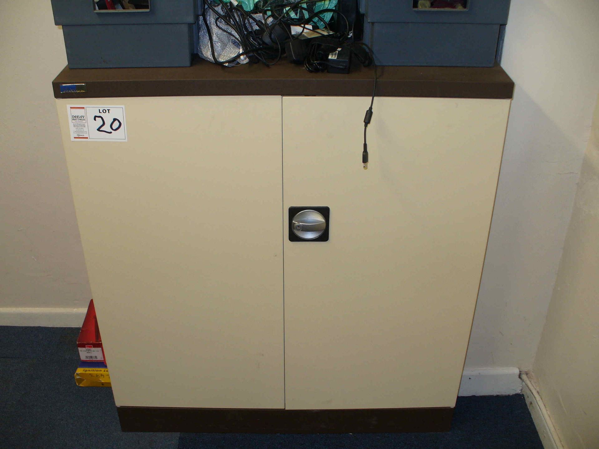 Cream and brown metal STORAGE CABINET 36" x 18" x 40"