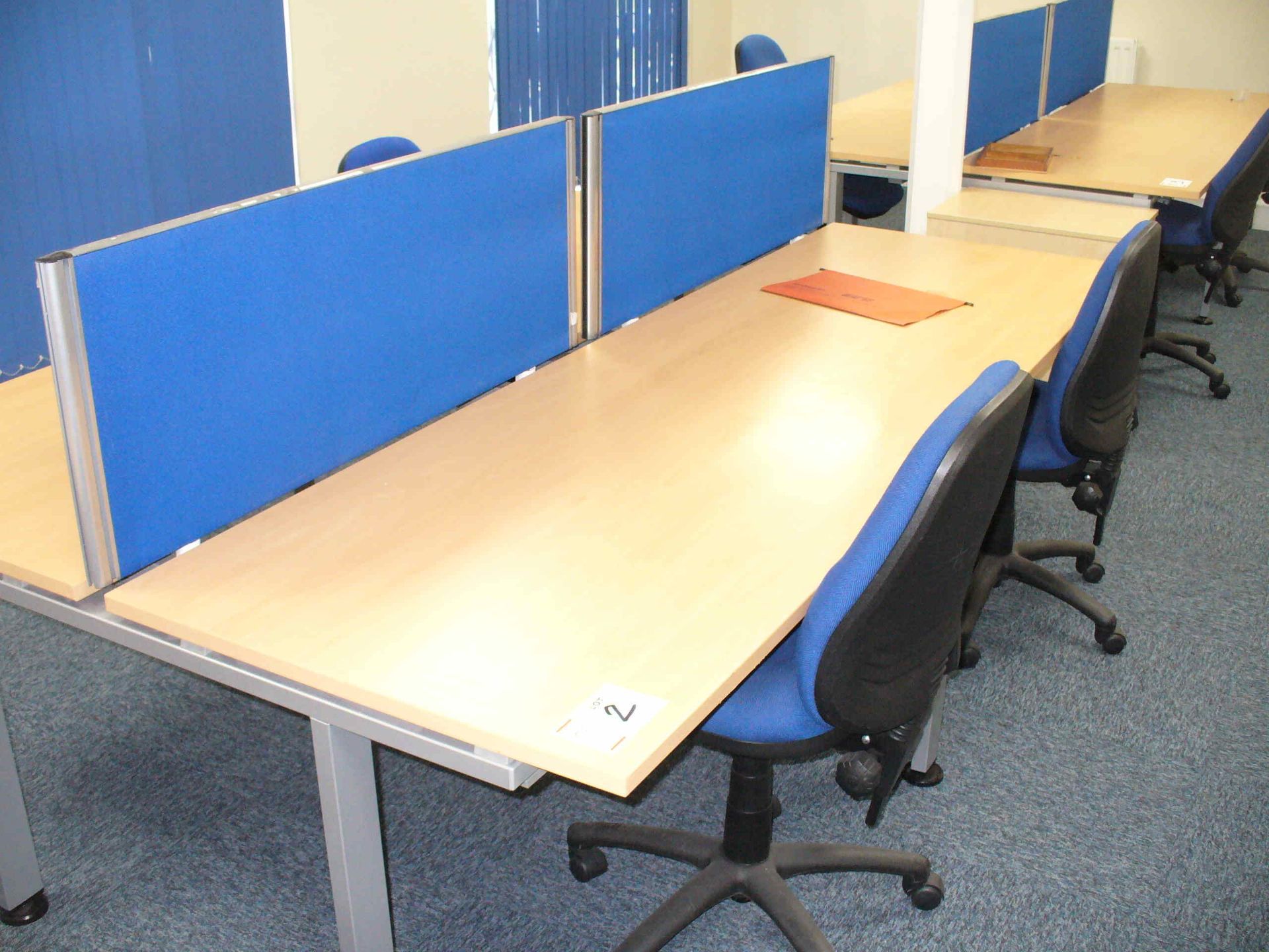 4 station WORK DESK 2.4M long x 1.6M wide with central divider, with 3 Chairs and 2 Pedestals