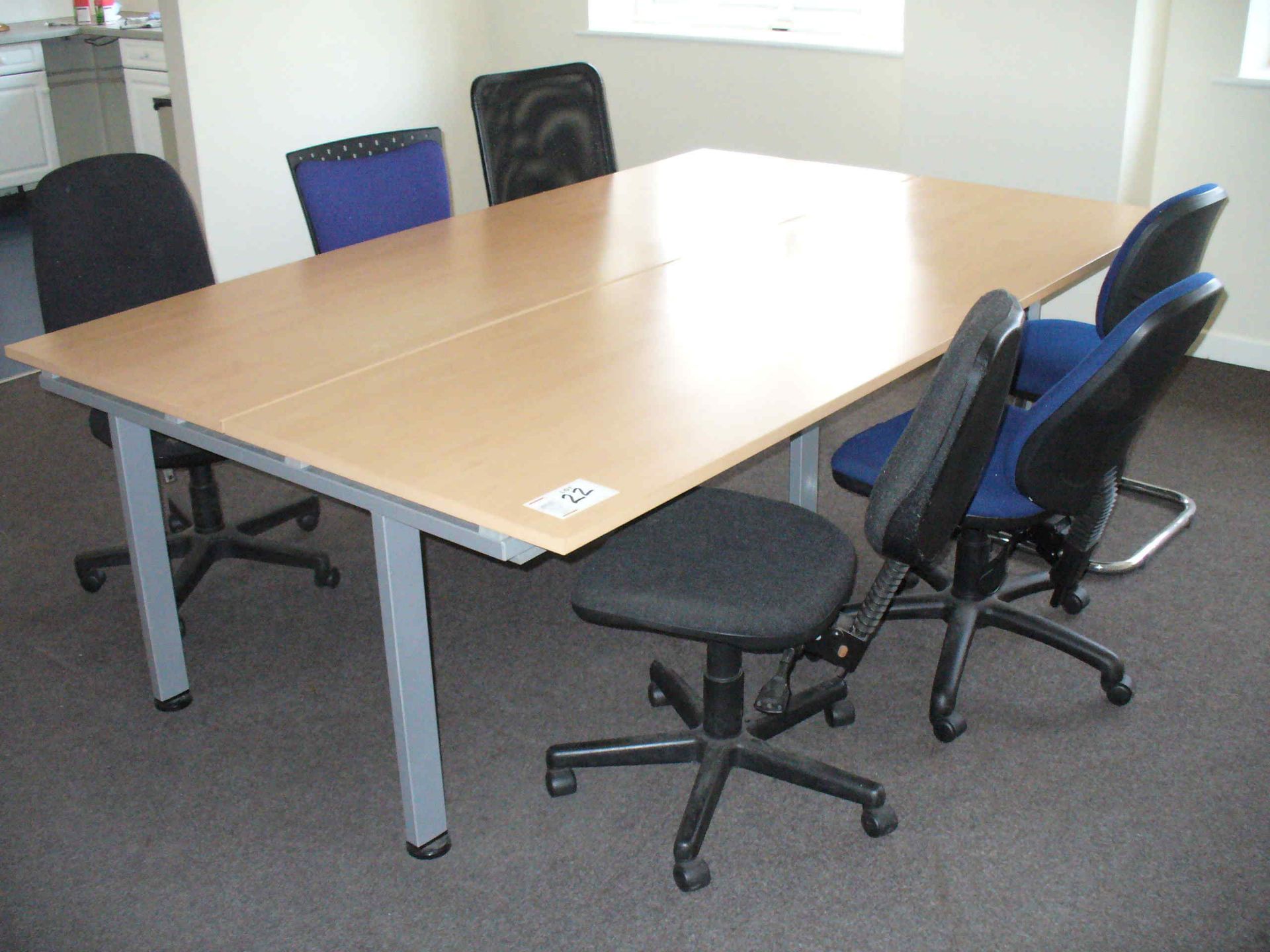 4 station WORK DESK 2.4m long x 1.6m wide with 6 various Chairs.