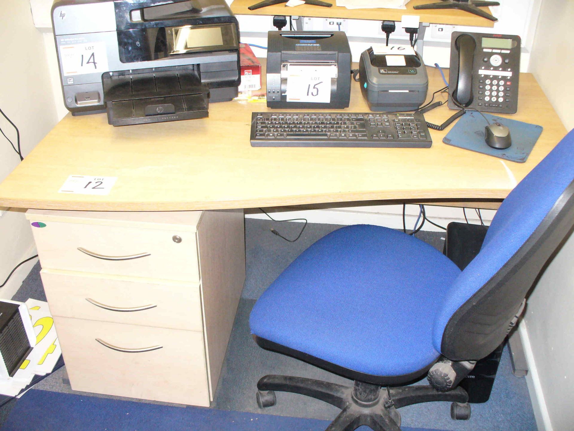 Wave fronted beech effect DESK with seperate pedestal and chair