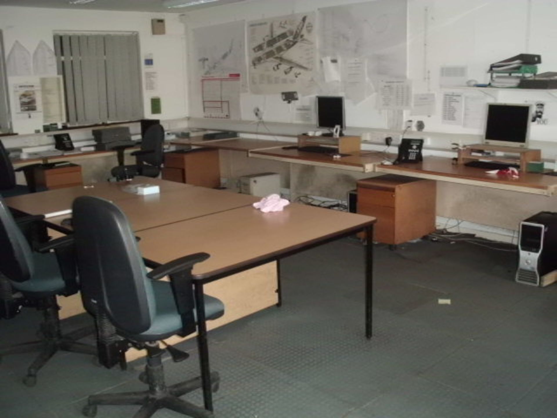 Office equipment comprising 13 light oak WORKSTATIONS, 8 OFFCE CHAIRS, 4 x 4 drawer FILING CABINETS,