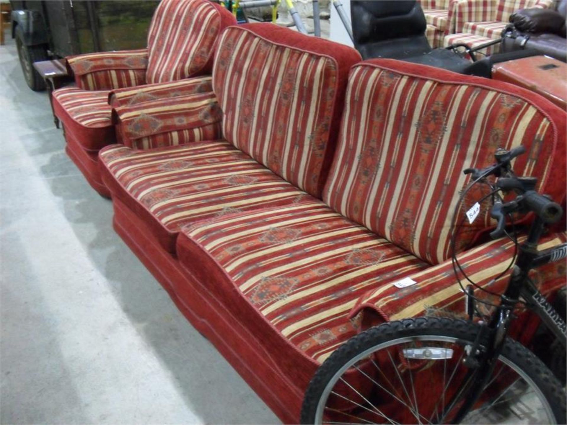 3 SEATER RED FABRIC SOFA WITH MATCHING ARMCHAIR (CLEAN)