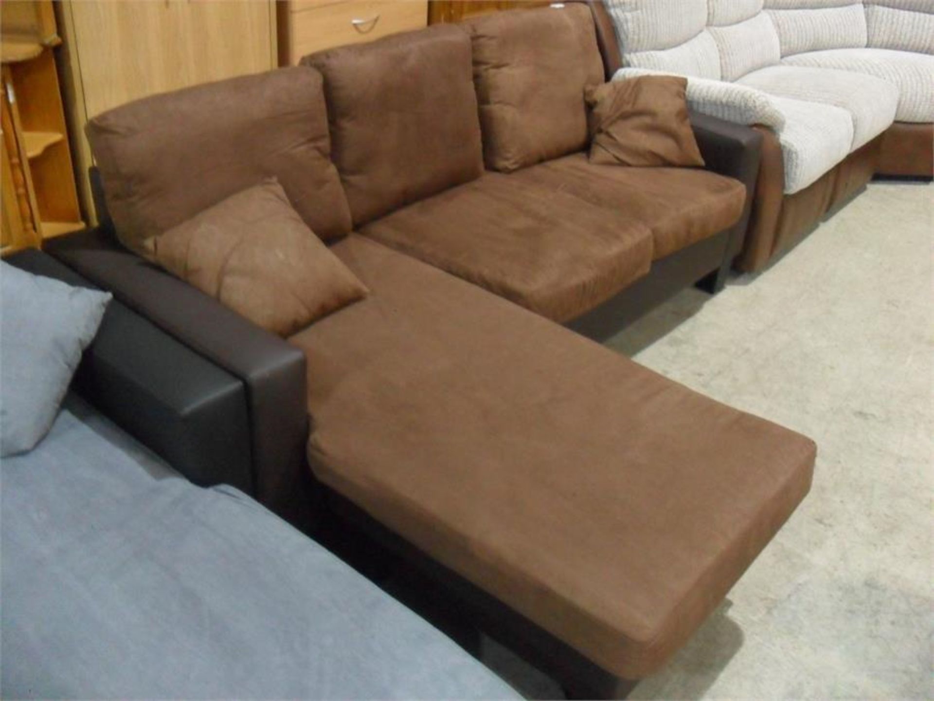 SMALL LEATHER AND FABRIC CORNER SOFA