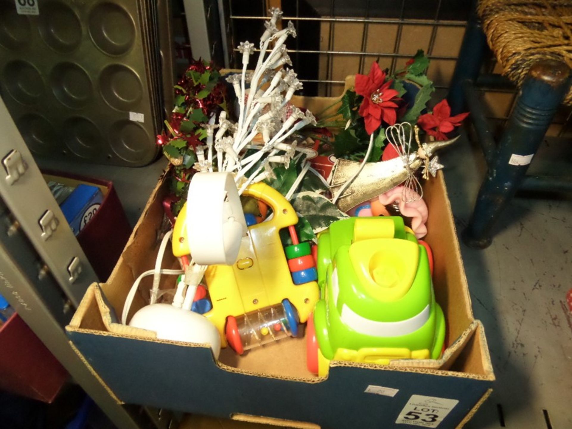 BOX OF DECS AND TOYS