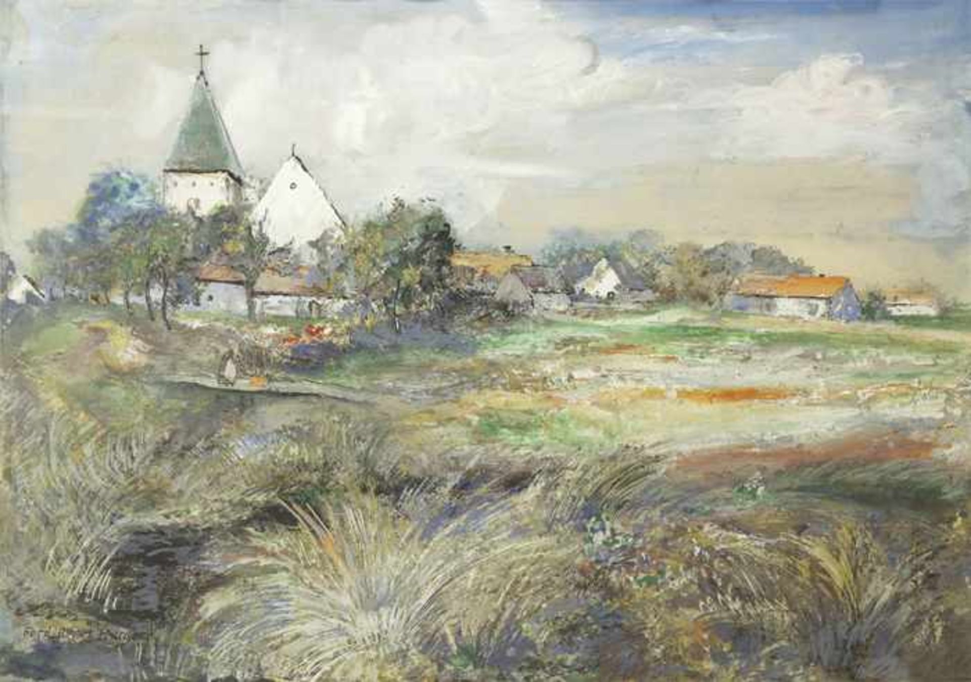 Burger, Ferdinand Albert Landschaft mit Dorf und Kirche, 1937 Gouache und Tusche auf Papier Signiert