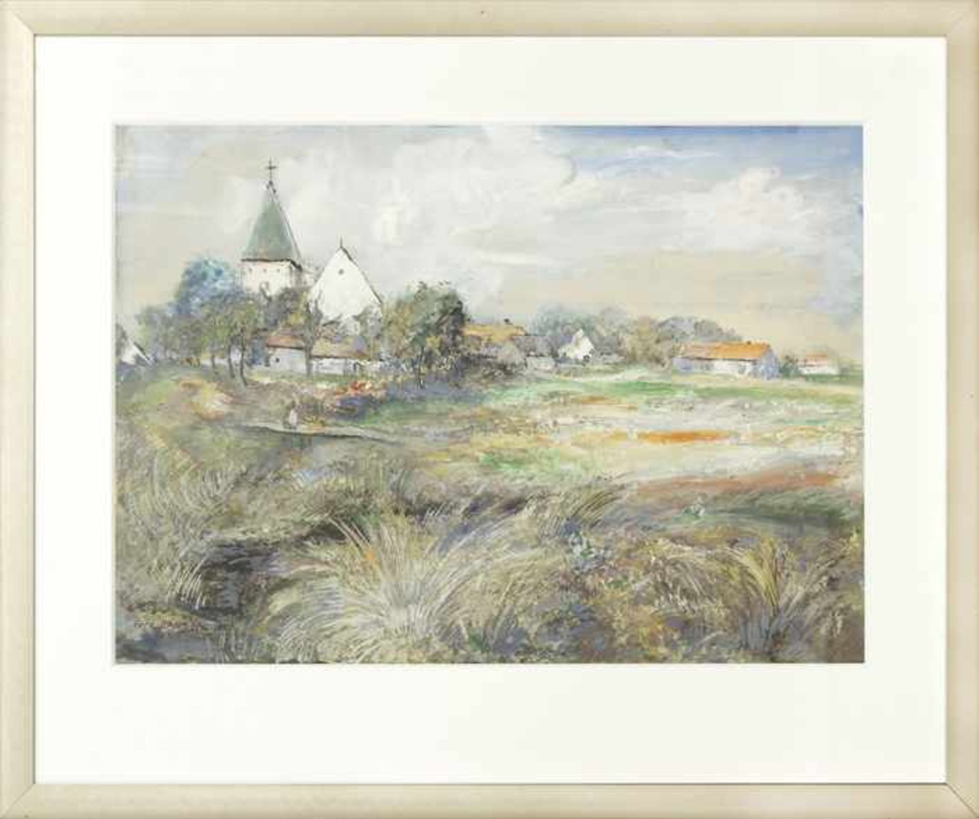 Burger, Ferdinand Albert Landschaft mit Dorf und Kirche, 1937 Gouache und Tusche auf Papier Signiert - Bild 2 aus 3