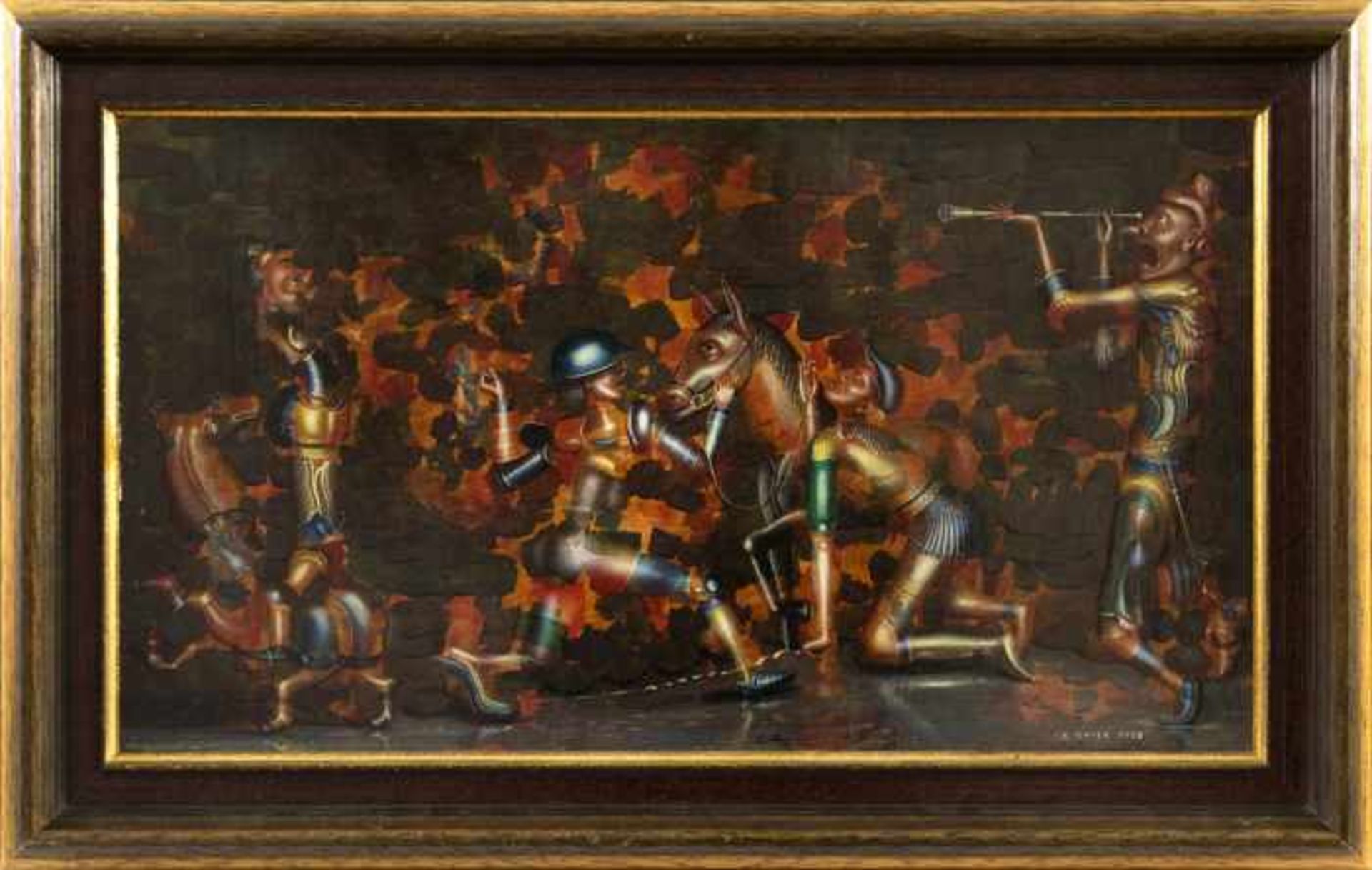 Bayer, Franz Soldaten, 1979 Öl auf Platte Signiert und datiert rechts unten 24 x 43 cm - Image 2 of 4