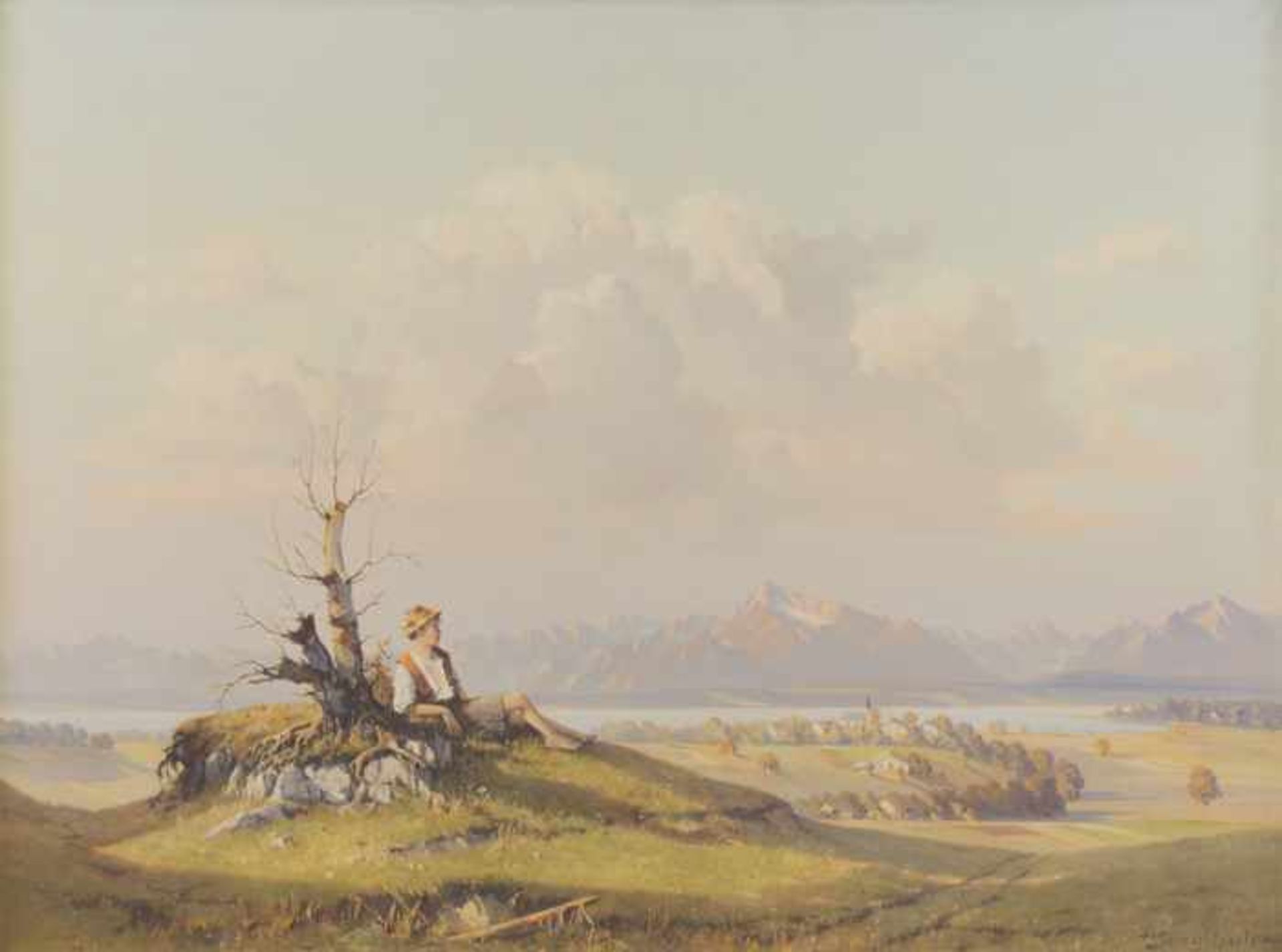 Sengthaler, Hans Bauernbub auf Anhöhe, Panoramablick zum Untersberg und Hohen Staufen Öl auf