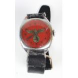 Extremely interesting 3rd Reich wrist watch of the type made for the German Military in WW2. Red