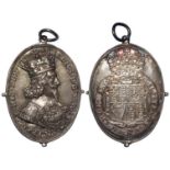 Charles I Royalist Badge by Rawlins, silver, oval, cast, 32 x 49mm [with loop], reverse:- Crowned