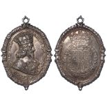 Charles I Royalist Badge by Rawlins silver, oval, cast, 37 x 55mm., reverse:- Crowned Royal Arms