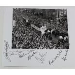 Arsenal, a 12 x 10 press photo of double team on top of bus, signed by Radford, Macnab, Mclintock,
