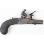 18th century flint lock box lock pocket pistol by Simons of London with cheque grip folding trigger