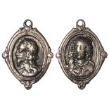 Charles I and Henrietta Maria Royalist Badge, silver oval, cast 19 x 26mm., their portraits each
