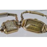 Two ladies 9ct cased wristwatches one with dial missing, both on gold plated bracelets
