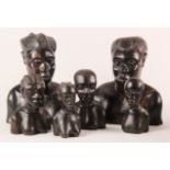 Six African ebony carved busts, height 25.5cm approx. and smaller