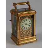 Gilt brass five glass carriage clock, circa early 20th century, enamel dial with roman numerals,