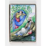 White metal and enamel Persian cigarette case, depicting a women leaning on tree and a man sat