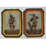Two coloured glass panels, depicting warriors, 19.5cm x 14.5cm approx.