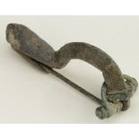 Ancient Roman (ca. 200 AD) bronze bow type fibula; nice patina and details.