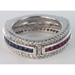 18ct white gold multi stone Ring size N set with Diamonds/Sapphires/Rubies weight 9.7g