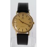 Gents 9ct cased Omega Geneve wristwatch, on a later leather strap, watch working when catalogued