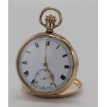 Gents 9ct cased open face pocket watch, hallmarked Birmingham 1922 . The white enamel dial with