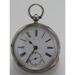 Gents silver cased open face pocket watch, hallmarked Chester 1890, the white dial with roman