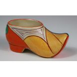 Clarice Cliff bizarre fantasque hand painted clog, factory stamp to underside, length 13.5cm
