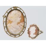 9ct Gold Cameo Brooch and 9ct Gold Cameo Ring size K weight 9.5g