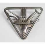 Triangular silver dolphin brooch by Georg Jensen, design number 257. Approx 4cm high ,Import marks