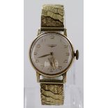 9ct gold cased gents Longines wristwatch, the champagne dial, with baton markers and subsidiary