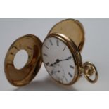 18ct gold half hunter pocket watch with blue enamelled dial to the outer case, the white enamelled