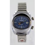 Gents Memostar alarm stainless steel wristwatch, the blue dial with date aperture set at three o`