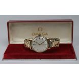 Boxed gents 9ct cased Omega Geneve wristwatch, hallmarked Birmingham 1970 (Serial number