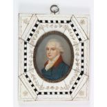 Portrait miniature. Oil on ivory, depicting a gentleman wearing a blue coat with red collar,