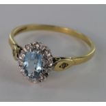 18ct Gold Ring set with Aquamarine and Diamonds size S weight 3.2g