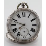 Large silver open face pocket watch, hallmarked Birmingham 1876?. The white dial with bold Roman