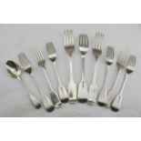 George IV. A collection of silver George IV flatware, including a matching set of six forks, total