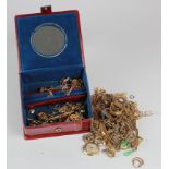 Jewellery box containing a quantity of Yellow metal necklaces, rings, broken jewellery etc