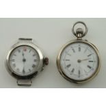 Two Ladies silver watches, Fob and Wrist, both Foreign and not working, very nice faces.