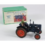 Britains Fordson Major blue tractor no. 128F, with driver dressed in green, exhaust pipe slightly